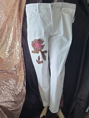 White Women's Jeans with Pink Floral Embroidery